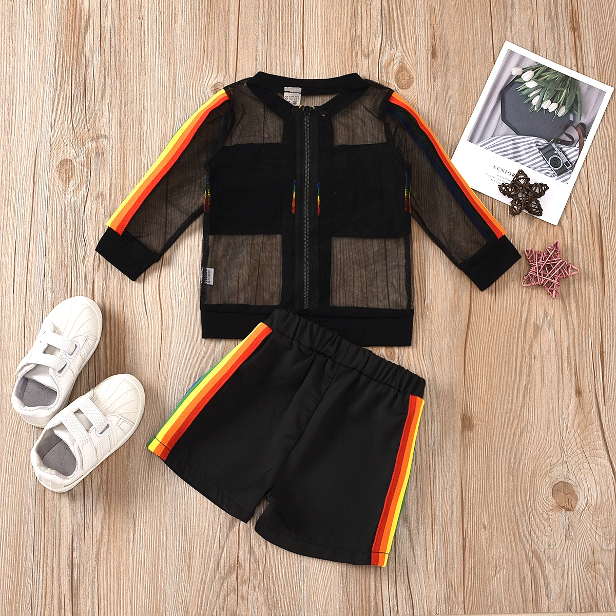 2020 детская одежда для девочек костюм с шортами в полоску прозрачный радужным