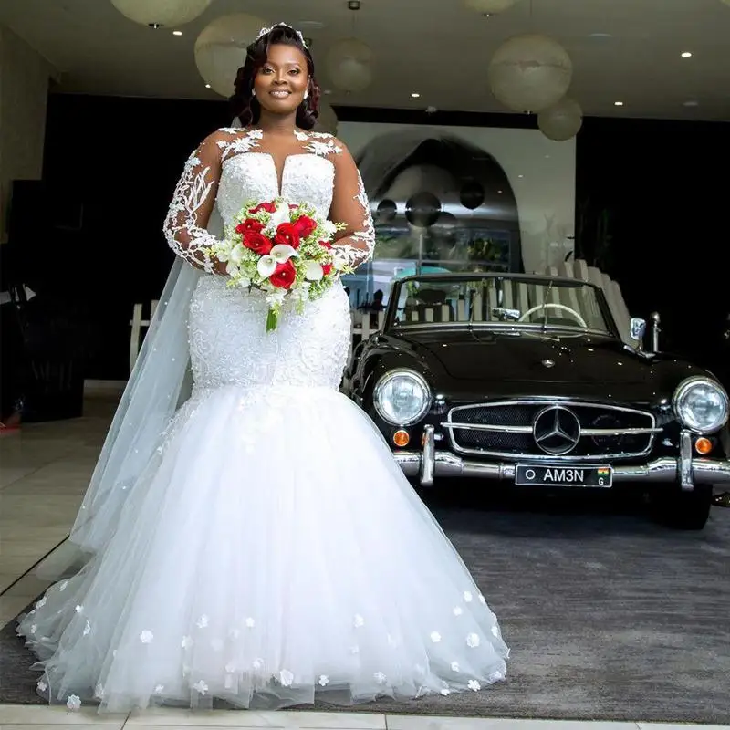 

Luxury African Mermaid Wedding Dresses Long Sleeve Appliques Lace Pearls Beads Flowers 3D Floral Bridal Gowns v de Novia