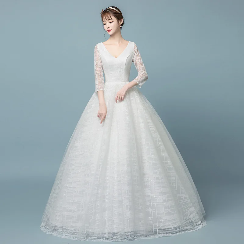 

2019 July Wedding dress Long Sleeve Boho Bride Dresses For Women A Line Lace Appliques Satin Wedding Gown Hochzeitskleid