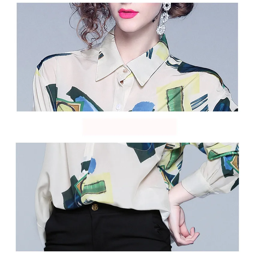 2019 Новая модная Осенняя Повседневная рубашка женская с длинным рукавом принтом