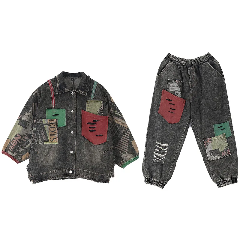 

Max LuLu New Spring Chinese Fashion Outfit Women Vintage Denim Jackets Two Pieces Sets Ladies Printed Loose Tops And Harem Pants