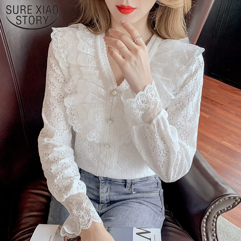

Autumn Elegant V Neck Women's Shirt Sweet Lace Ruffle Blouse Women's Long Sleeve Top White Hollow Flower Female Clothing 17207