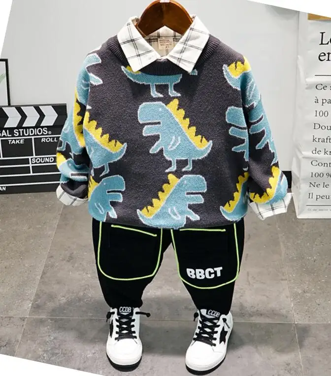 

boys clothes suits spring autumn children clothing sets kids outfits boys Cartoon knit sweater + shirts + pants 3pcs boys sets