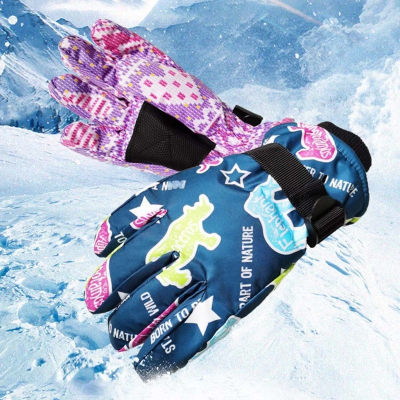 

Kids Fashion Print Ski Gloves Winter Snow Snowboard Windproof Waterproof Outdoor Sports Adjustable Wrist Thicken Mitten
