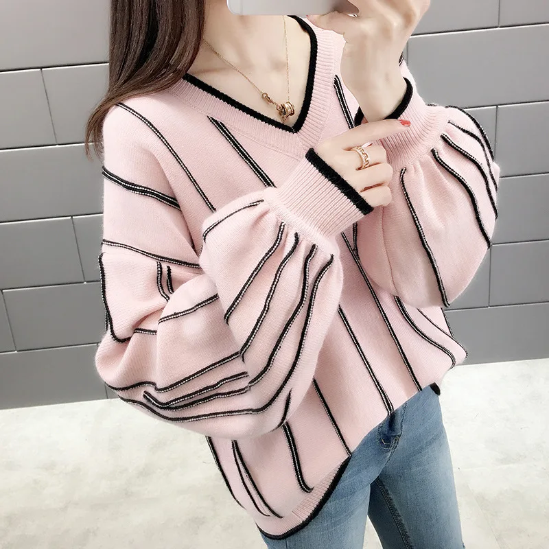 

Женский вязаный свитер с V-образным вырезом, в полоску