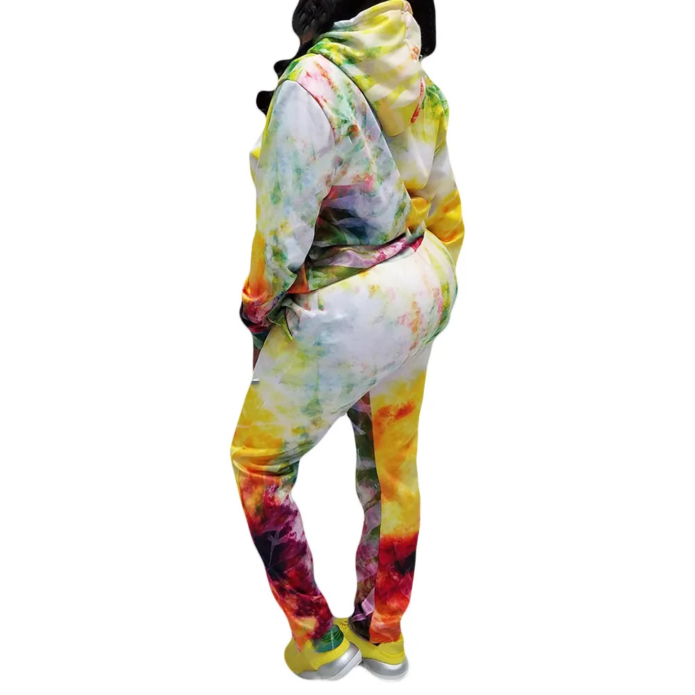 

Fashion Tie-dye Printing Women Tracksuits Plus Size Lady's High Waist Lace-up Casual Pants + Drawstring Hoodies Two Piece Sets