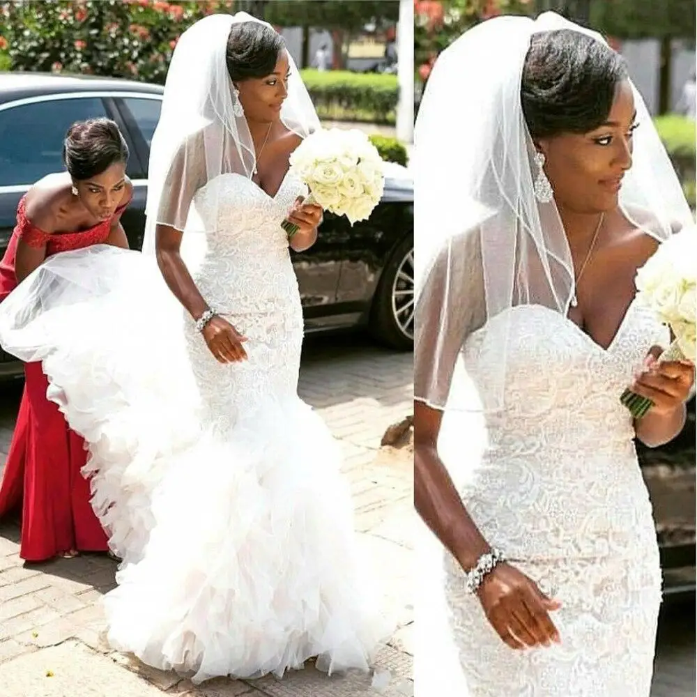 

Mermaid Wedding Dresses Ruffles Tulle Skirt Lace Bodice Sweetheart Neckline 2021 Chic Design Bridal Gowns Vestido De Noiva