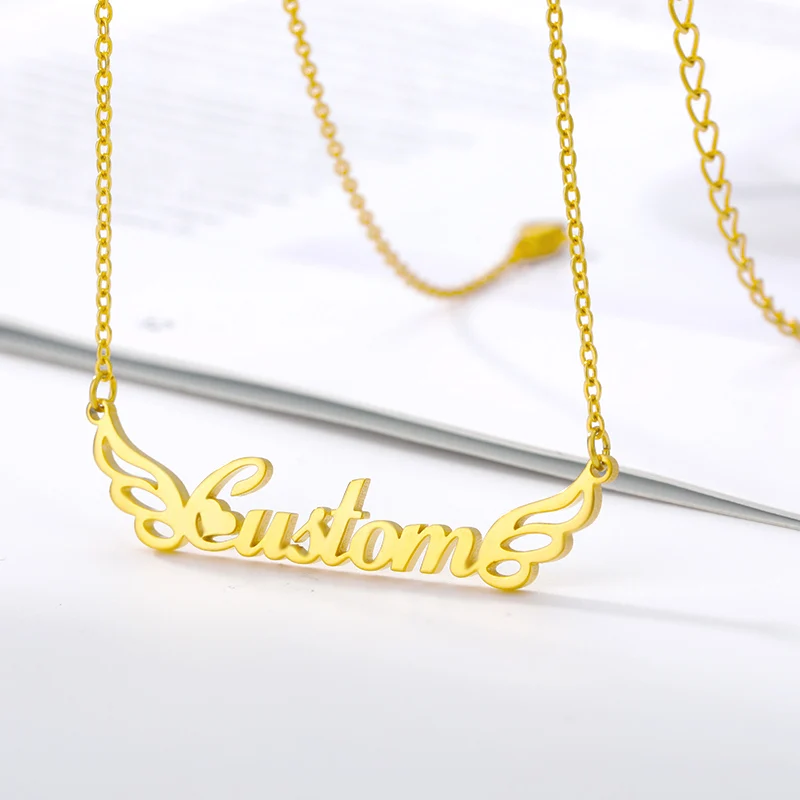 

Custom Necklace With Wing Name Necklace For Women Collier Stainless Steel Gold Choker Pendant Nameplate Couple Jewelry Gifts