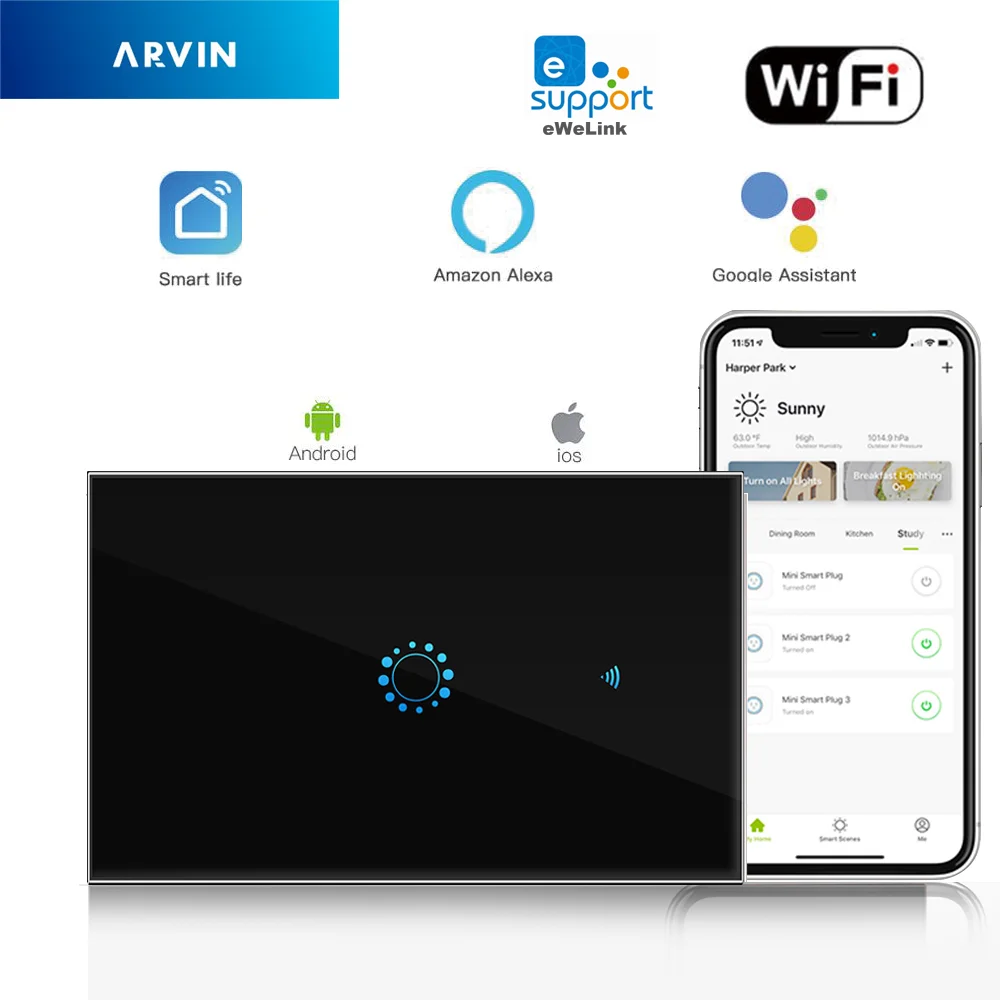 

eWeLink 1 Gang Work with Google Home Alexa,US/Aus Smart Home WiFi Remote Control Wall Light Switch Panel Wall Touch Light Switch