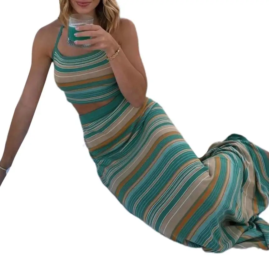 

Womens 2 Piece Summer Outfits Sexy Striped Print Sleeveless Halter Crop Cami Tops Maxi Skirt Set