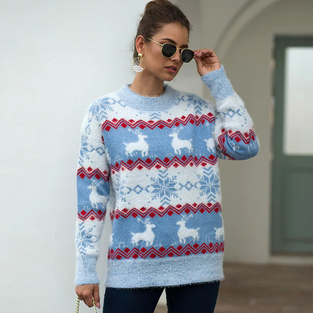 Новинка 2019 свитер с рождественским принтом женский зимний теплый вязаный