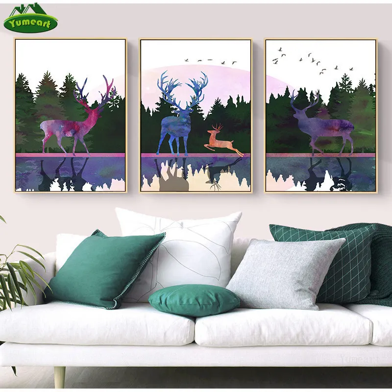 Абстрактный зеленый лес Акварель Искусство Сика Олень Печать на холсте
