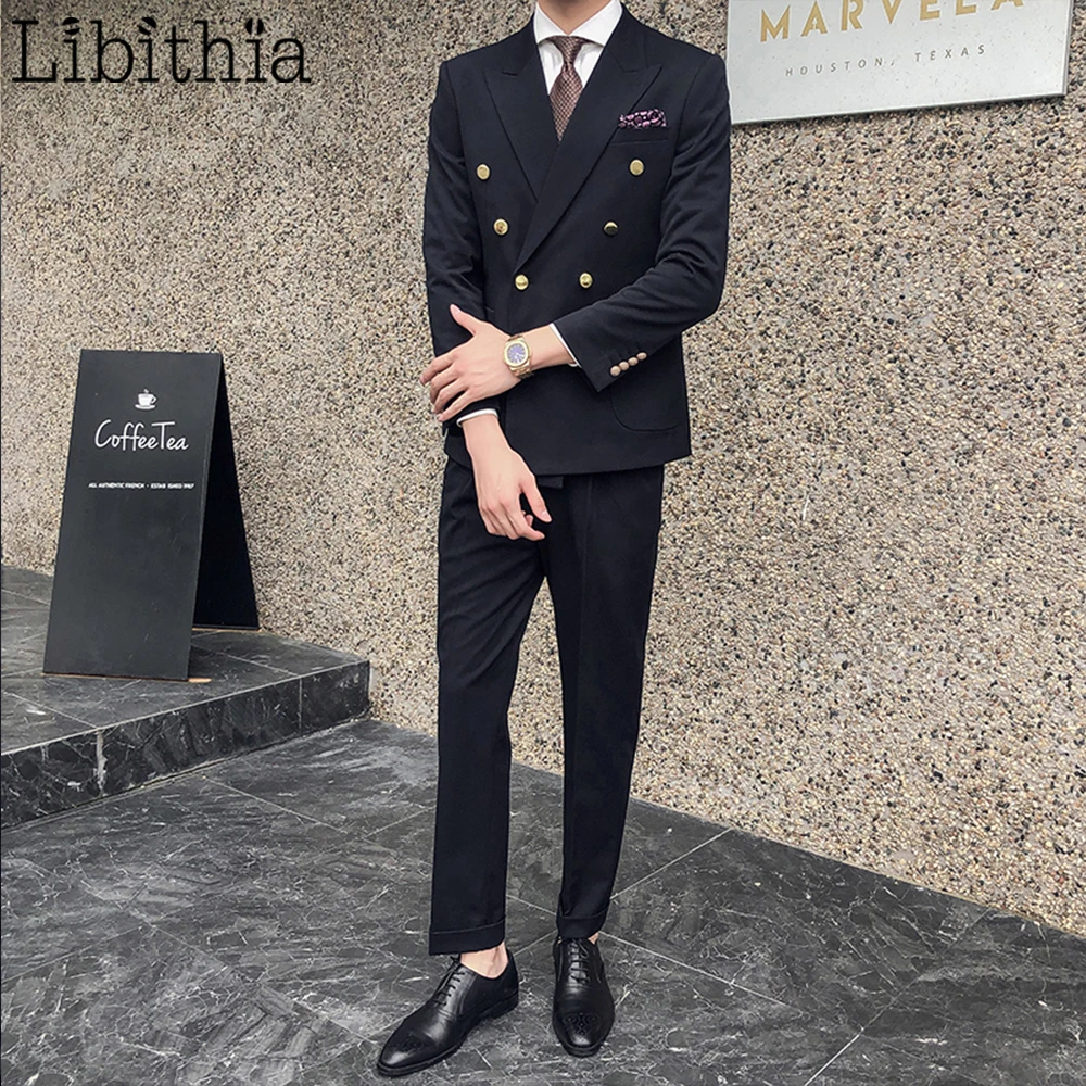 

Men's Navy Blue Suits Slim Fit Wedding Dress Casual Work Styles Jacket+Pant Six Buttons Elasticity S-3XL Clothes Male R066