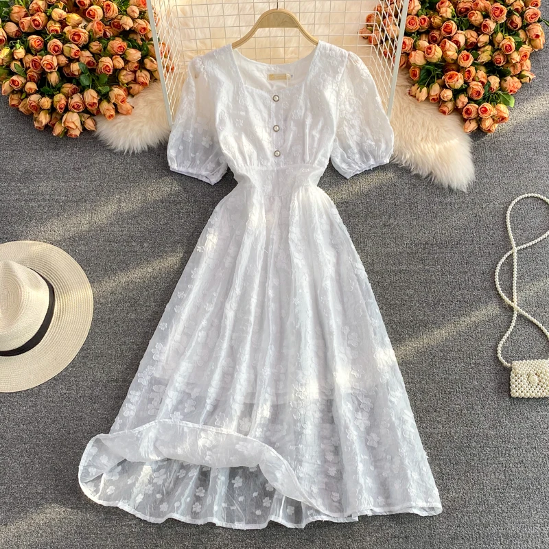 

YIZZHOY New Summer Casual Solid White Puff Sleeve Button Mid-Calf Medium Dresses Women Elegant A Line V Neck Lady Dress