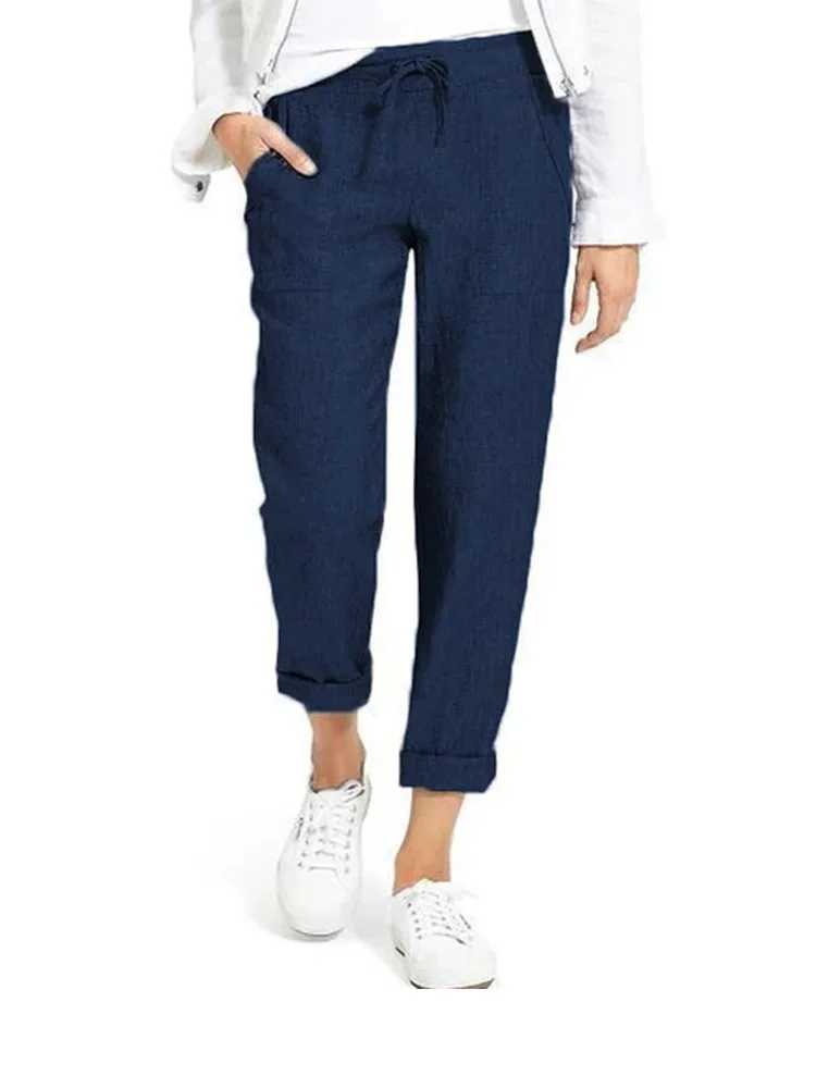 

Cotton linen trousers drawstring high waist pocket loose large size casual pants ankle length casual women's loose spring pants