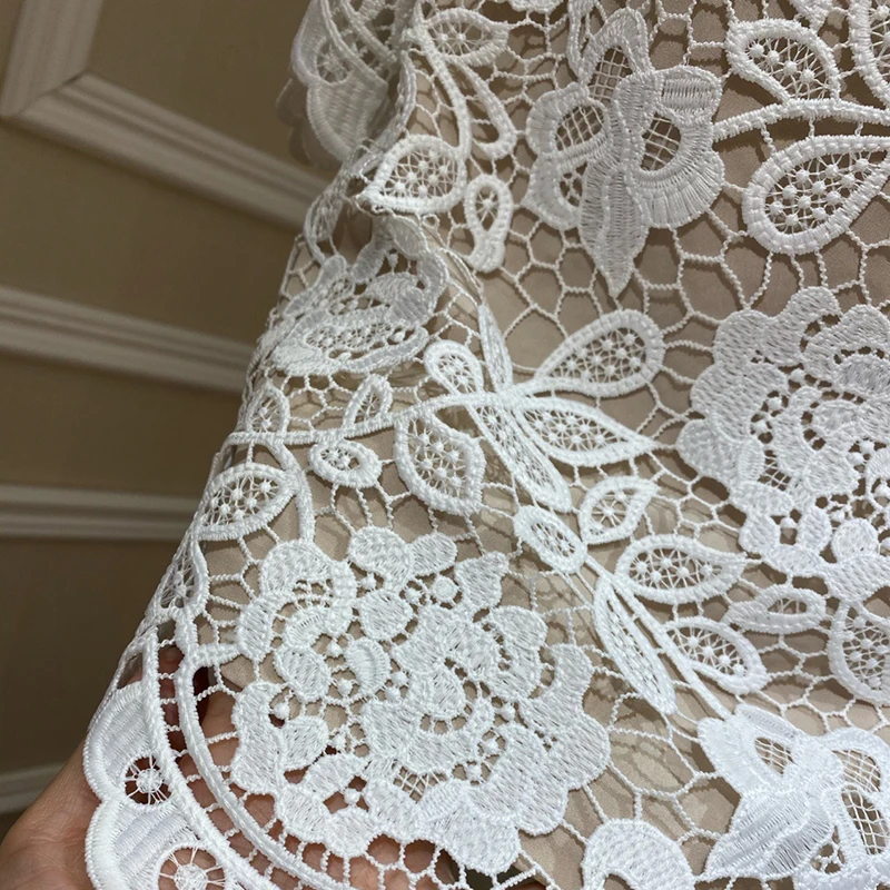 

VGH White Patchwork Lace Elegant Dress For Women O Neck Puff Long Sleeve High Waist Hollow Out Slim Midi Dresses Female 2021 New