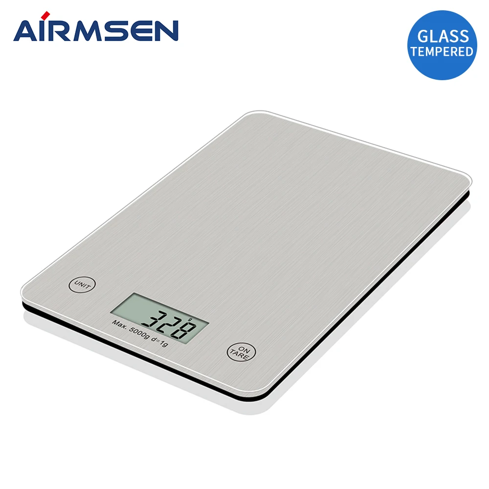 

AIRMSEN 11LB/5KG Household Kitchen Scale Electronic Food Scale Baking Scale Measuring Tool Tempered Glass Wire Drawing Process