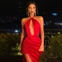 sexy red satin evening dresses halter pleats high side split cheap long mermaid arabic prom gown special celebrity party dress