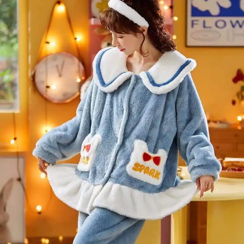Pyjamas Women Winter Flannel Pajamas Sets Thick Warm Long Sleeve Full Trousers Two Pieces Homewear Home Nightie