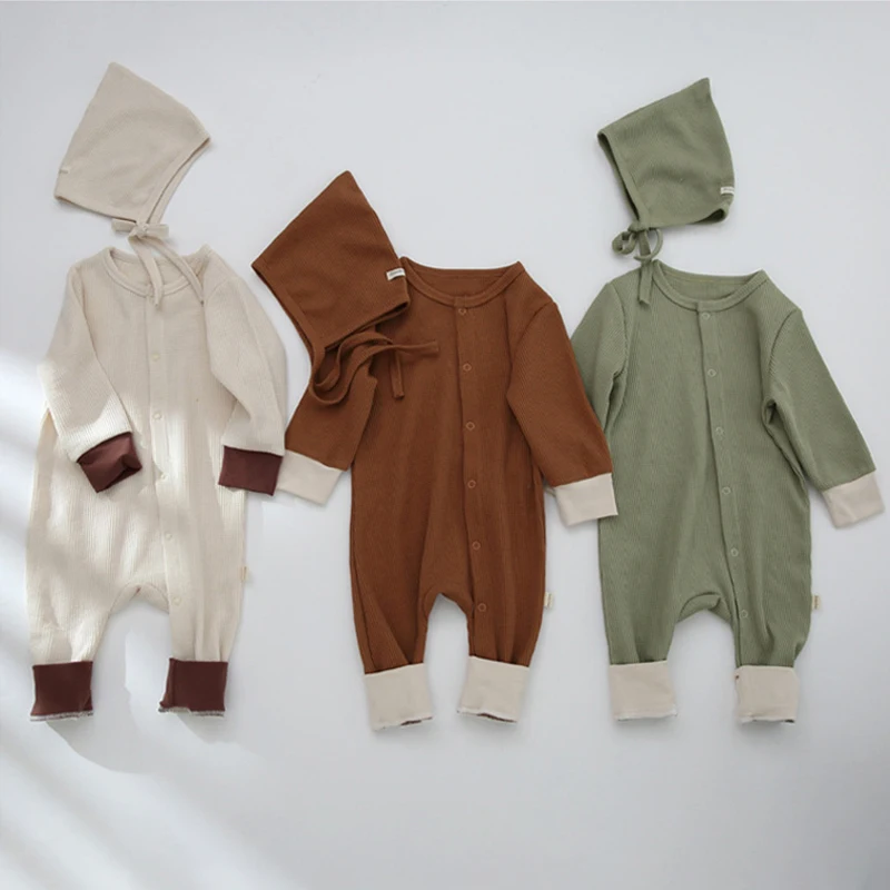 0-24M Newborn Baby Rompers Baby Boy Girl Clothes 2-Pieces Jumpsuit + Hat Spring Autumn Waffle Climbing Suit Cotton Long Sleeve