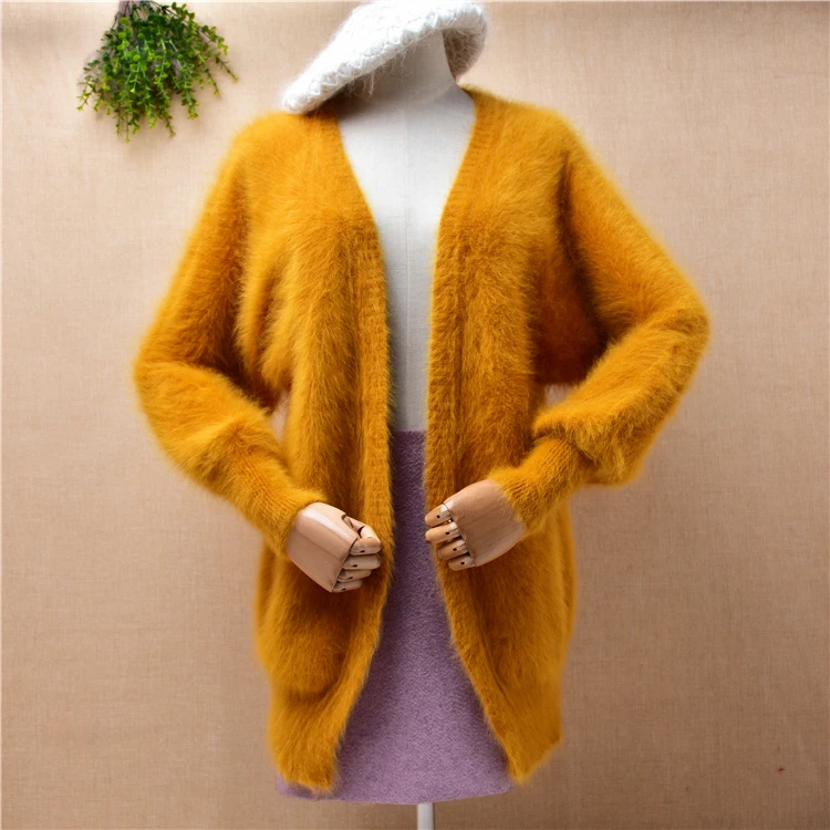 

ladies women fashion yellow hairy mink cashmere knitted long batwing sleeve loose cardigan mantle angora fur jacket coat sweater