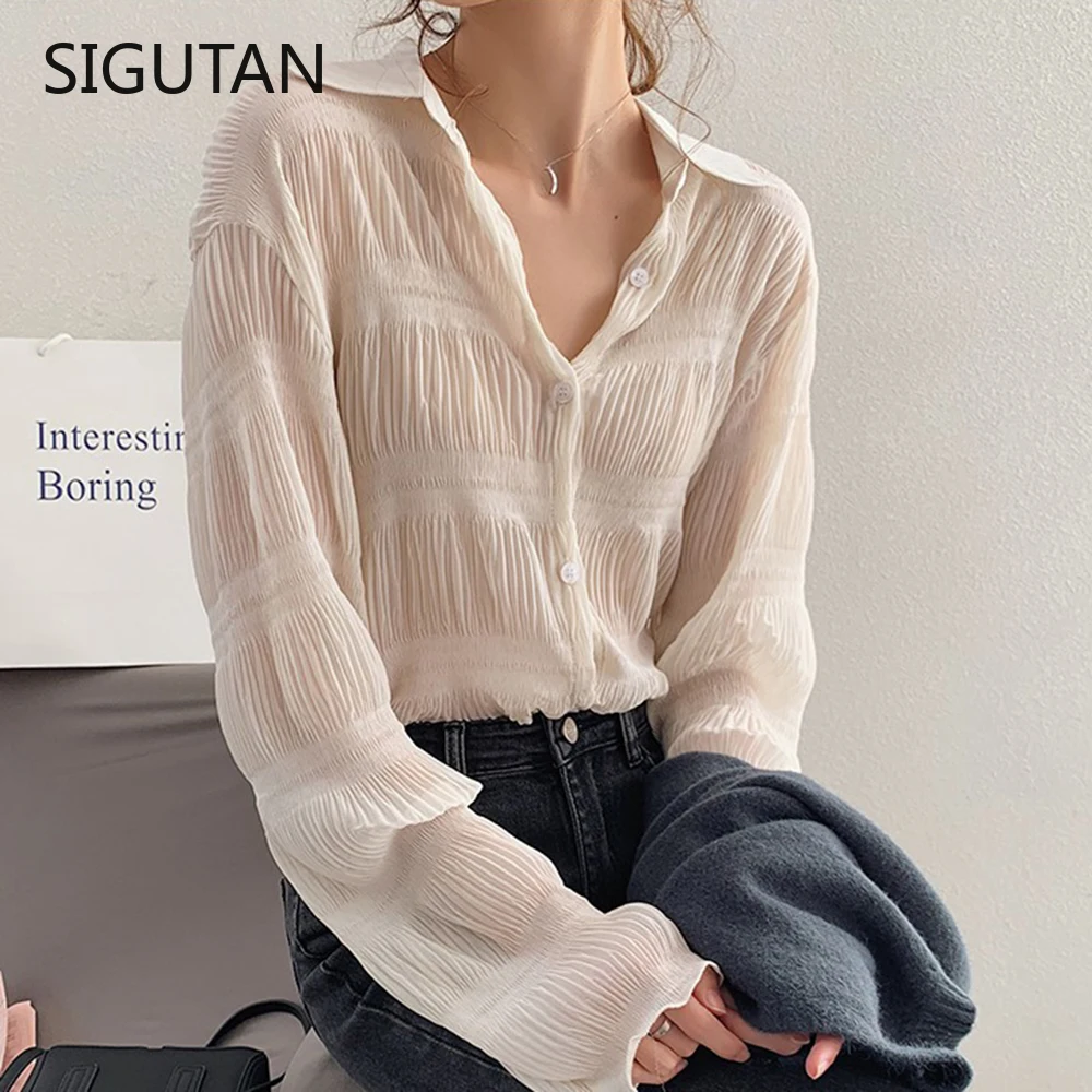 

Новая весенняя винтажная элегантная женская шикарная блузка с длинным рукавом Женская Однотонная рубашка с отложным воротником женские то...