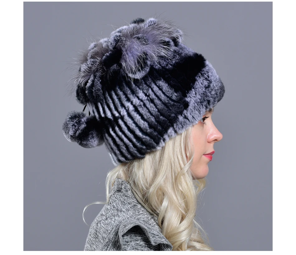 Зимние женские головные уборы с шариками кролика рекс мех помпон skullies beanies Теплые эластичные модные пушистые уличные меховые шапки