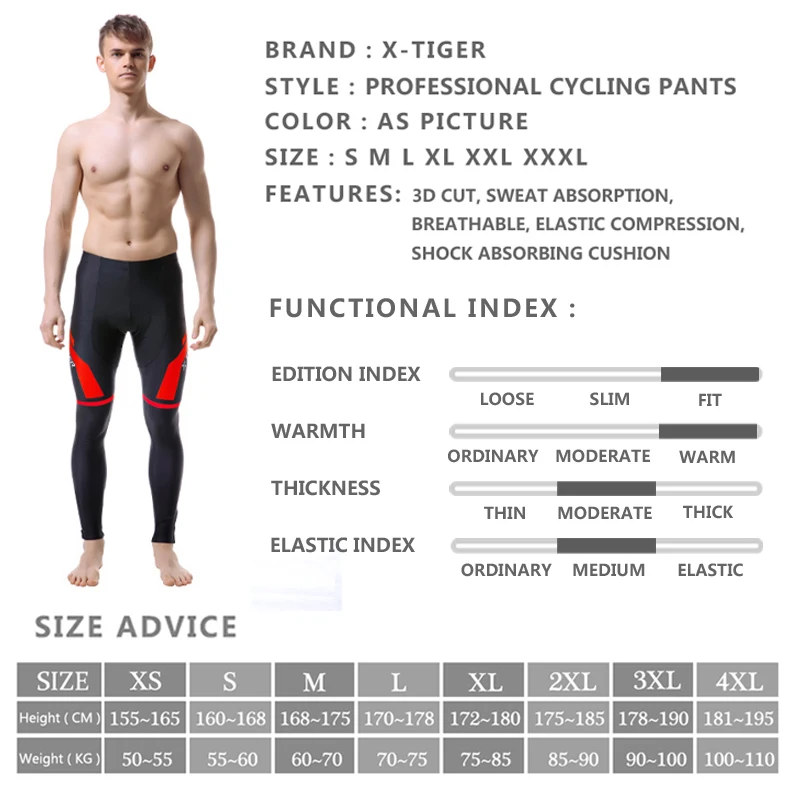 Зимние теплые велосипедные брюки X-Tiger с гелевыми подушечками Coolmax 5D сохраняют