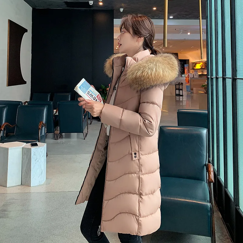 Winter Women's Down Jacket Mid-length Thick Hooded Big Fur Collar Cotton-padded Jacket Women Fashion Parker Down Jacket Women