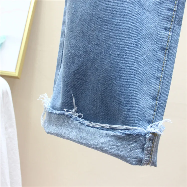 Женские джинсы прямые узкие брюки с высокой талией рваные для мам свободные