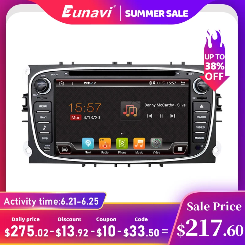 Eunavi 2 Din Android 10 автомобильный DVD радио мультимедиа GPS авто для FORD Focus Mondeo S MAX C Galaxy 4G 64GB