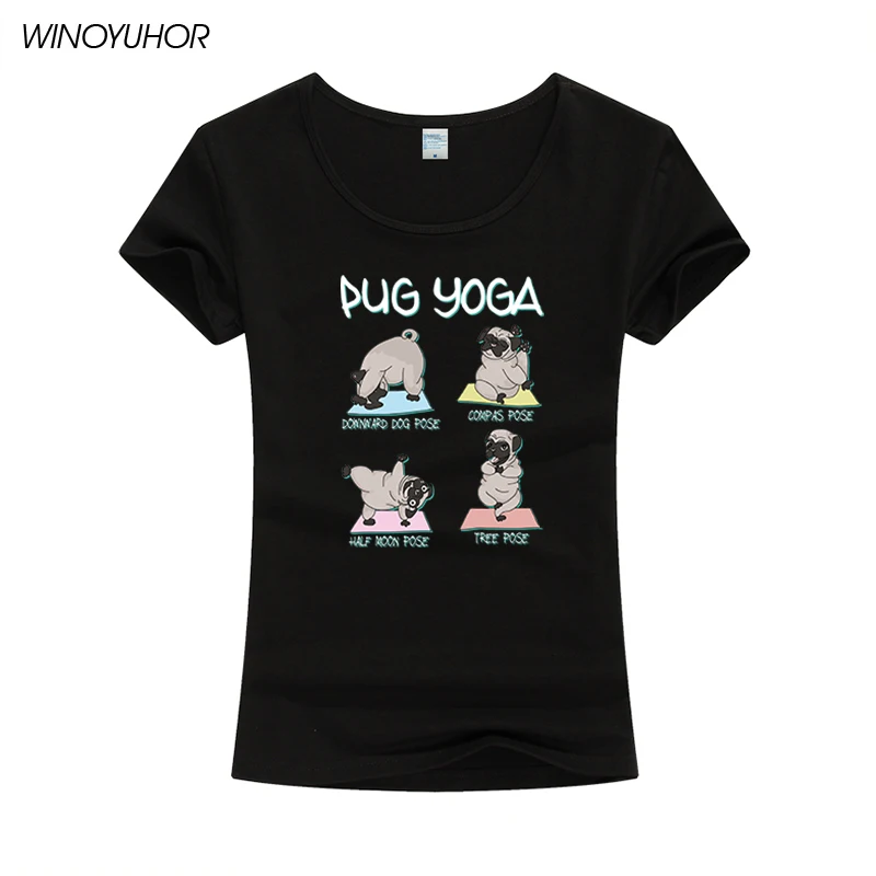 

Футболка женская с рисунком, милая забавная мультяшная футболка с рисунком мопса и йоги в стиле Харадзюку, уличная одежда с собакой