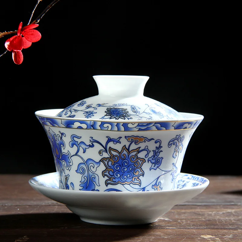 Большой синий и белый фарфор Gaiwan 250 мл керамическая чаша крышка Цзиндэчжэнь Sancai
