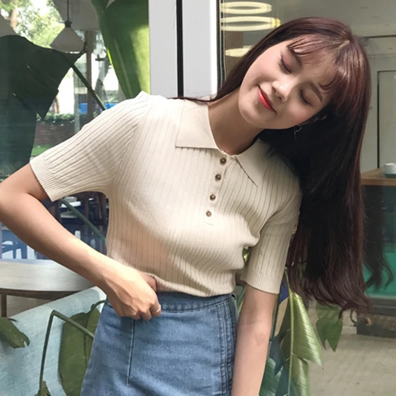 Женская трикотажная футболка с отложным воротником Повседневная винтажная