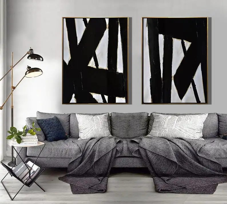 

Set of 2 Abstract Painting Canvas Art Geometrical Wall Art Black White Painting on Canvas Large Canvas Art Set of Two Room Decor