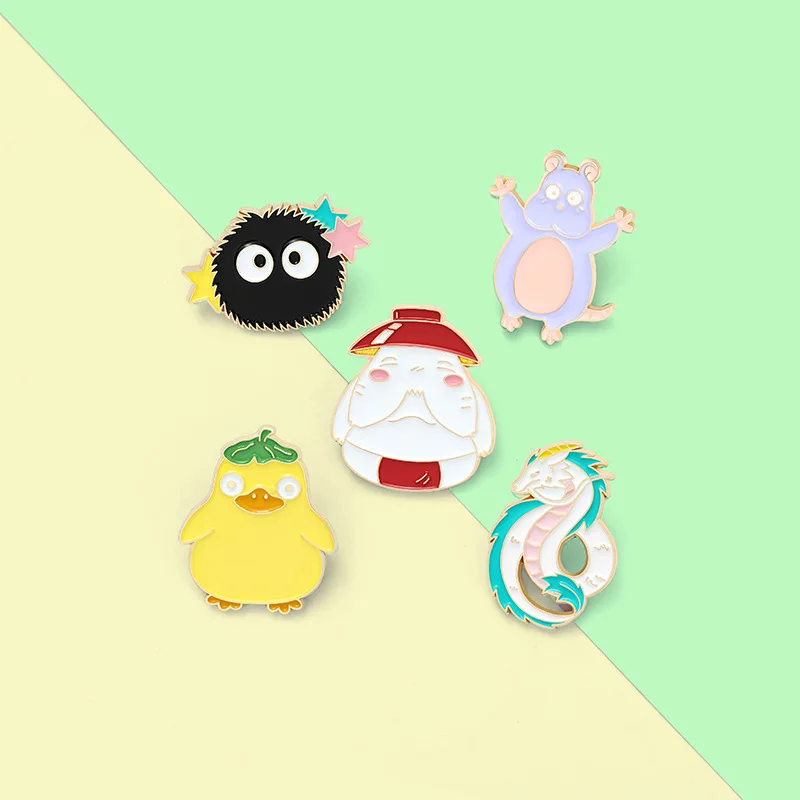

Anime Spirit World Enamel Pin Dragon Mouse Duck Carrot Coal Brooches Bag Lapel Pin Childhood Cartoon Movie Badg