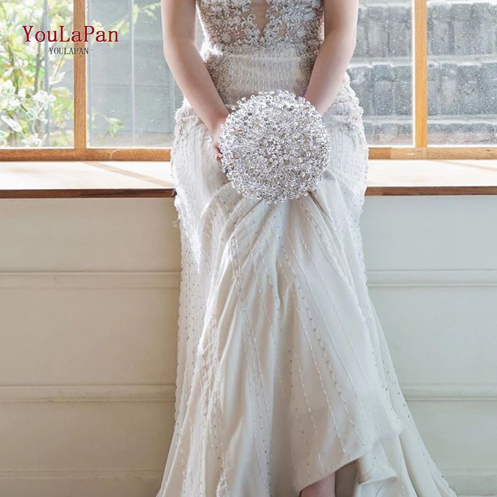 

YouLaPan HF02 Handmade Bridal Bouquet Beauty Rhinestone Bride's Bouquet Silver Wedding Hand Bouquet Stunning Diamond Bouquet