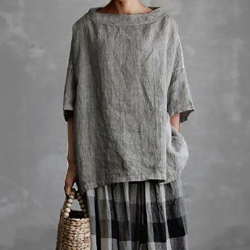

Women Spring Summer Half Sleeve 2021 Cotton Blouse Casual Round Neck Loose Pullover Tops Elegant Solid Shirt Blusas Streetwear