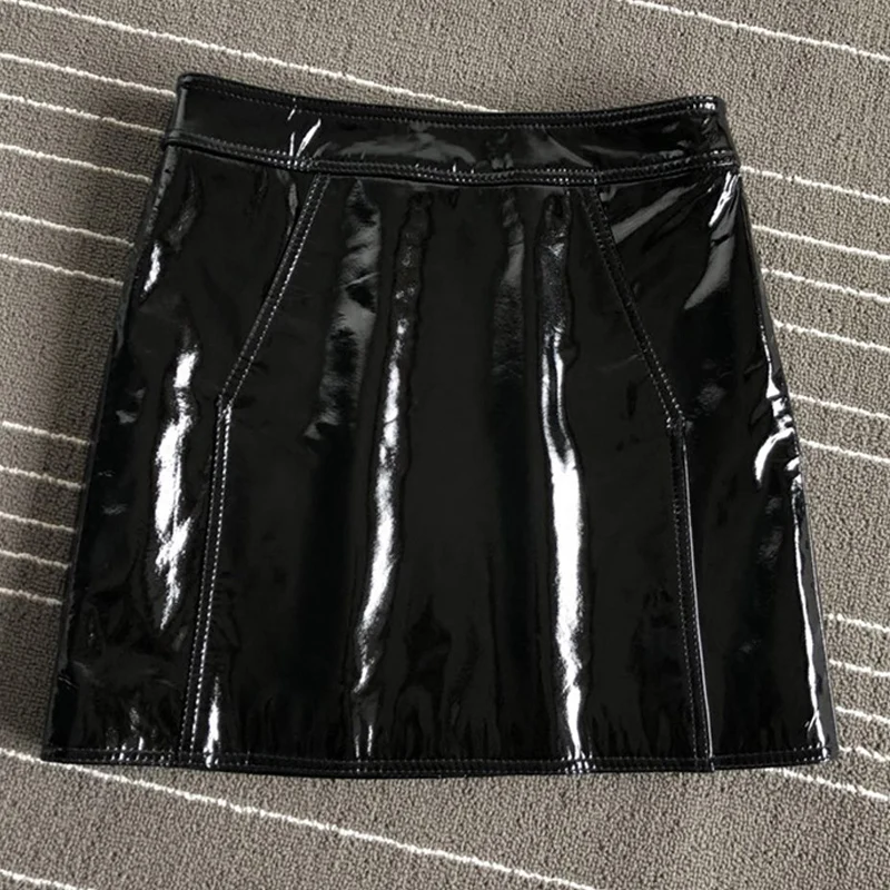 

2020 New Sheepskin Skirt Womens Shiny High Waist Package Hip Skirt Black Leather Short Skirt Sexy Tight Pencil Mini Skirts