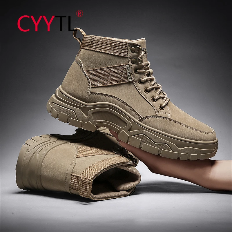 

CYYTL Men's Fashion Leather Ankle Suede Bootie Casual Lace Up Short Combat Work Boots Outdoor Walking Thick Sole Hiking Shoes