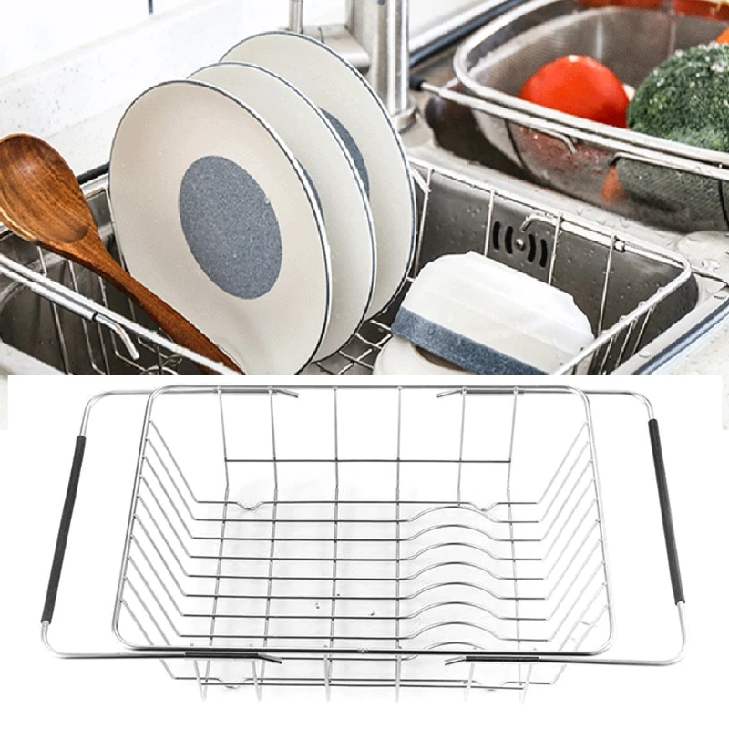 

Expandable Dish Drying Rack Drainer Plate Basket in Sink On Counter Storage Holder Stainless Steel