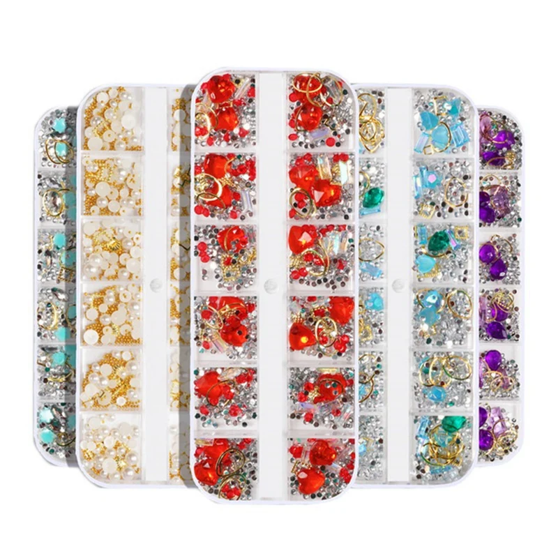 

4 коробки, 12 цветов, драгоценные камни для ногтей, бриллианты, бриллианты, блестки для ногтей, набор для ногтей