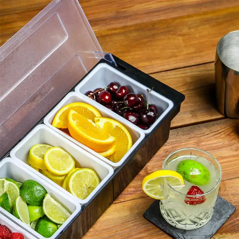 

Plastic Seasoning Box Restaurant Fruit Snacks Tank With Lid Ice Cooled Condiment Serving Container Tray For Bar Inner Six Box​​