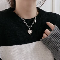 silver color double layer heart necklace fashion women pearl clavicle chain elegant charm party pendant jewelry gift