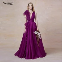 verngo elegant purple organza evening dress v neck ruffles shoulder floor length prom gowns long party dress custom made