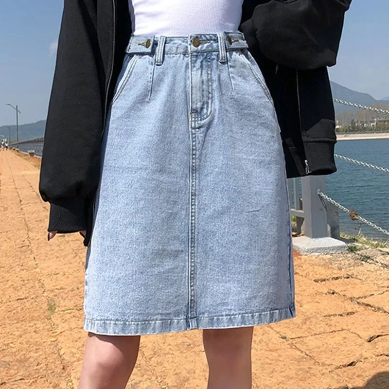 

Apricot High Waist Denim Skirts Womens Loose A Line 2021 Summer Korean Skirt Vintage Blue Falda Larga Elegante 5148#