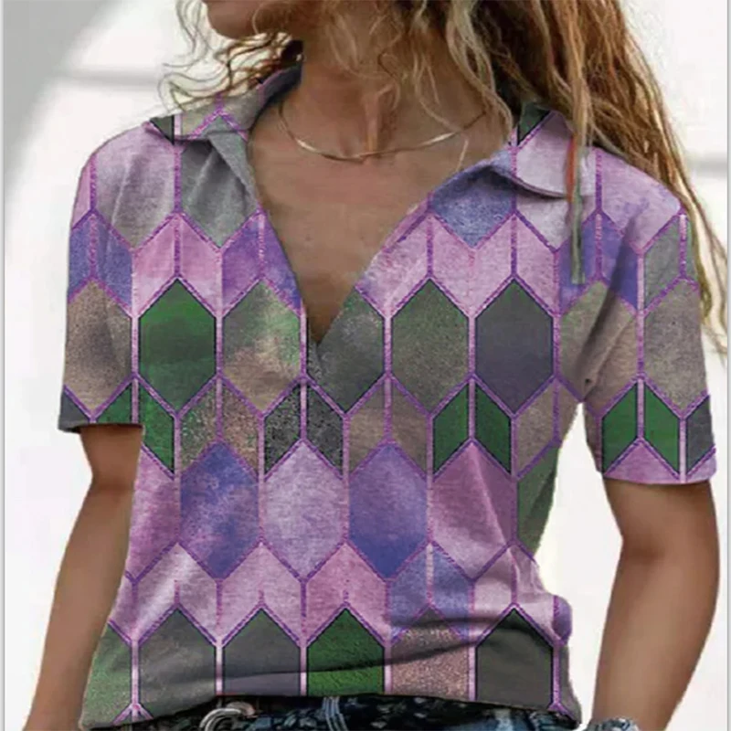 

2021 Summer V Neck Geometric Short Sleeve Women Blouse Casual Turn-collar Pullover Loose Tops