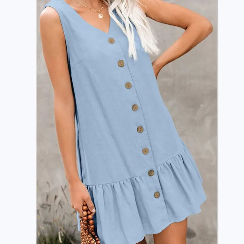 

Summer New Arrival Women V-neck Tank Dress 2020 Fashion Casual Single Breasted Ruffles Dress