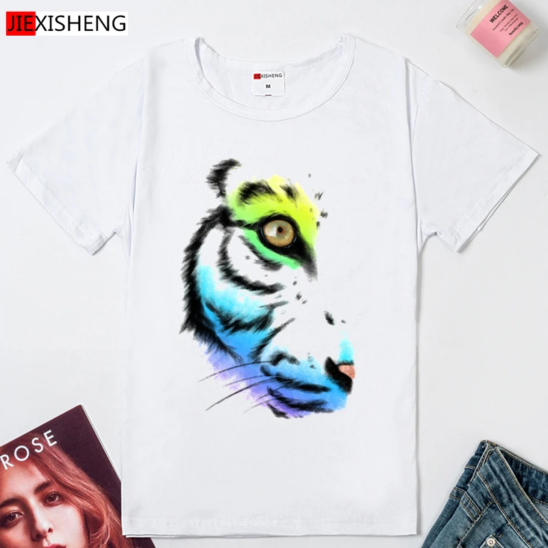 Смешно половина Тигр печатающая головка для женщин Футболка 2020 летняя футболка с