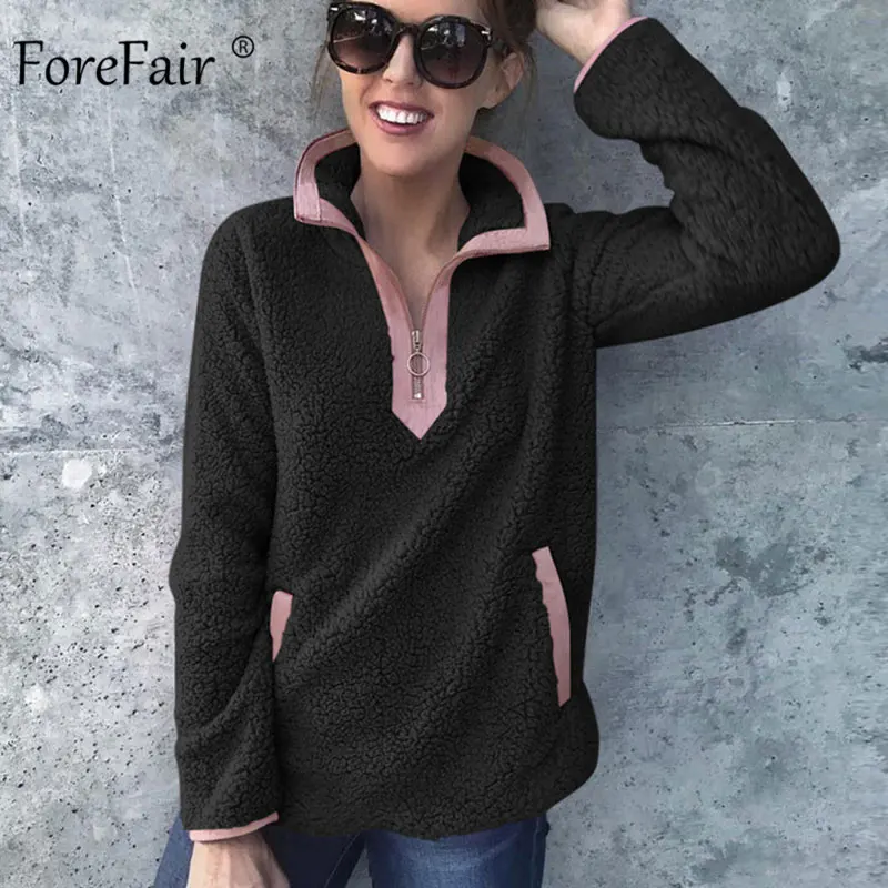 Forefair Zip Casual Turtleneck Fleece Sweatshirt Women Autumn 2019 Turn Down Neck Pullovers Female Slim Faux Fur Warm | Женская одежда